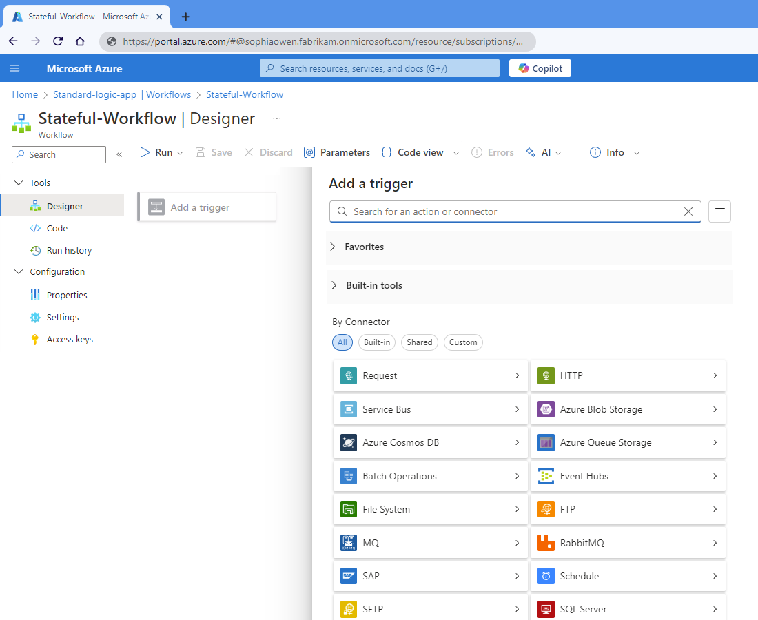 Screenshot shows Azure portal, Standard workflow designer, and pane named Add a trigger.