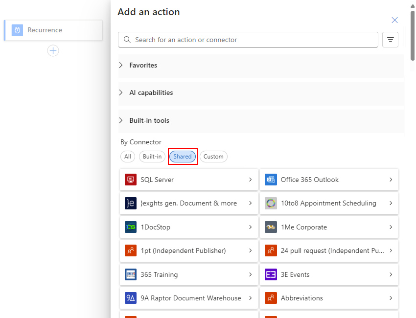 Screenshot shows Consumption workflow designer and pane named Add an action. In the By Connector section, the Shared option is selected.