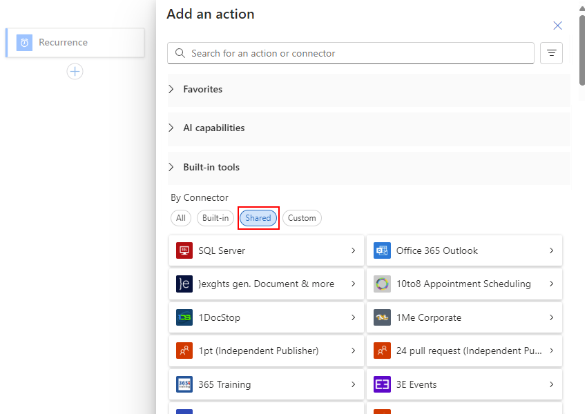 Screenshot shows Standard workflow designer and pane named Add an action. In the By Connector section, the Shared option is selected.
