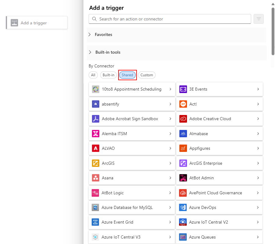 Screenshot shows Consumption blank workflow designer and pane named Add a trigger. In the By Connector section, the Shared option is selected.