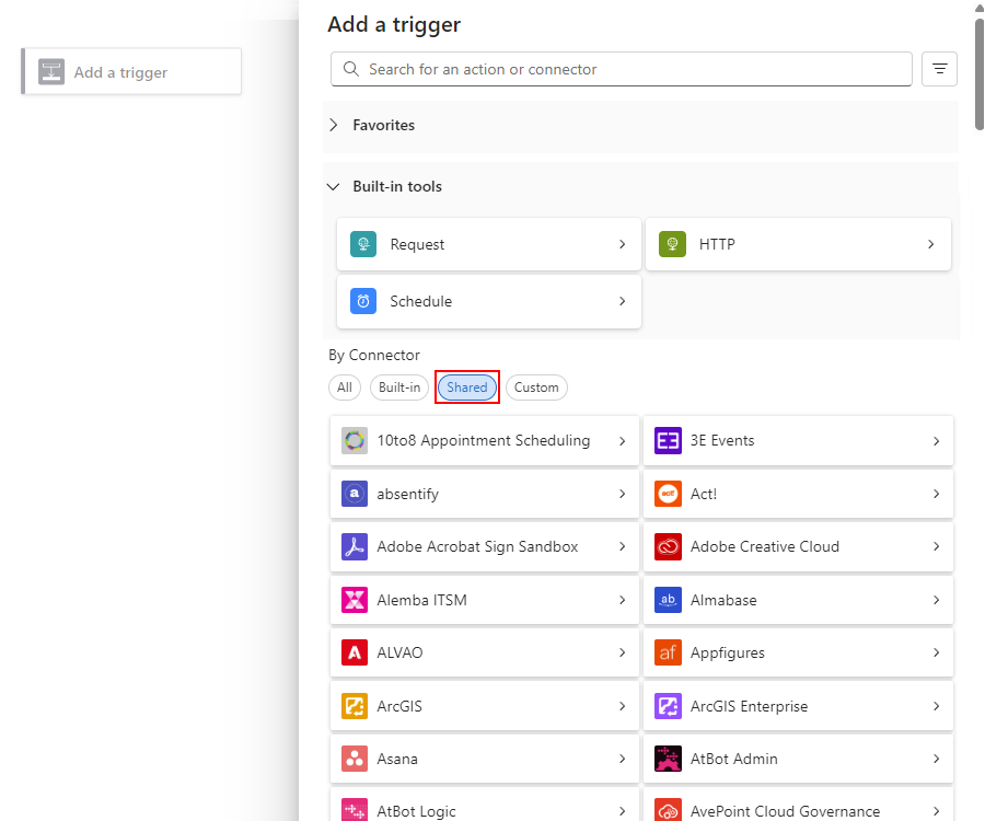 Screenshot shows Standard blank workflow designer and pane named Add a trigger. In the By Connector section, the Shared option is selected.
