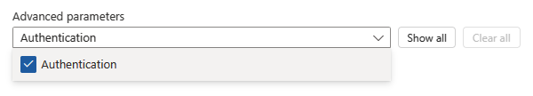 Screenshot shows Consumption workflow with HTTP action and opened Advanced parameters list with selected property named Authentication.