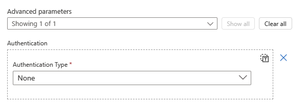 Screenshot shows advanced parameters section with added Authentication property and Authentication Type list.