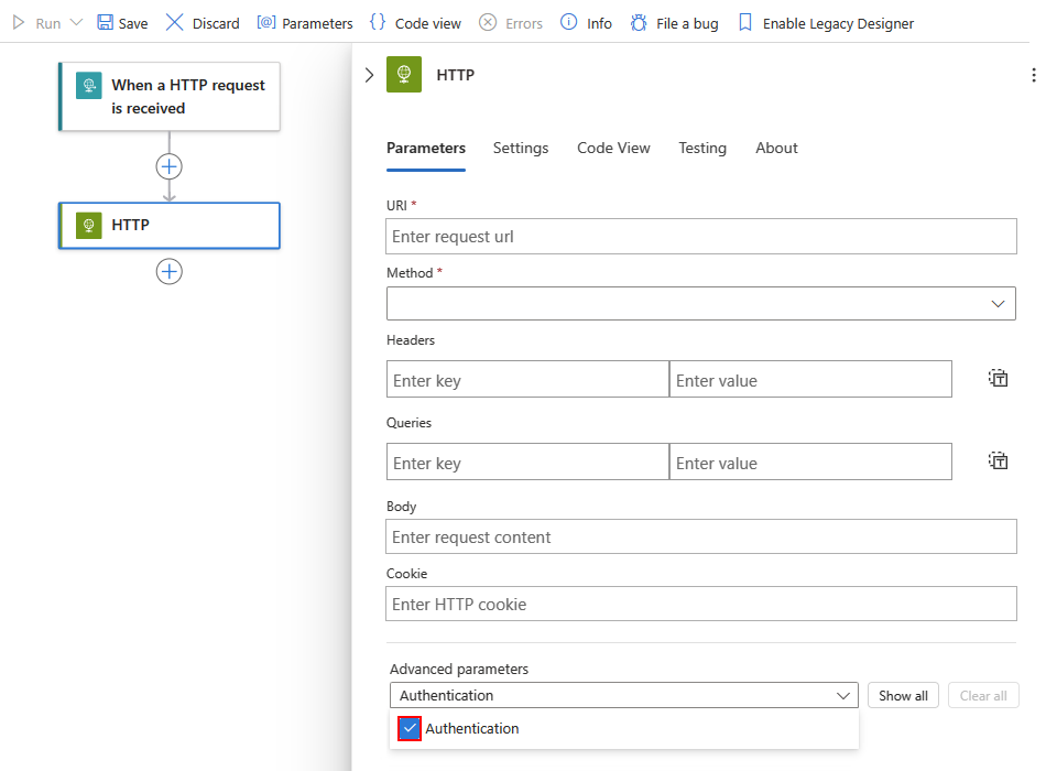 Screenshot shows Consumption workflow with built-in action and opened list named Advanced parameters, with selected option for Authentication.