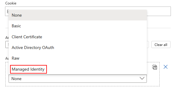 Screenshot shows Consumption workflow with built-in action, opened Authentication Type list, and selected option for Managed Identity.