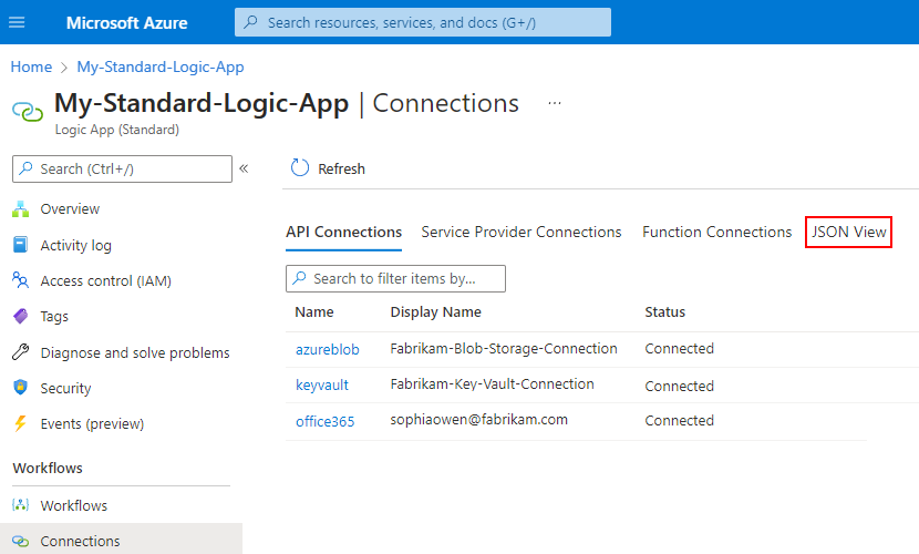 Screenshot showing the Azure portal, Standard logic app resource, Connections pane with JSON View selected.