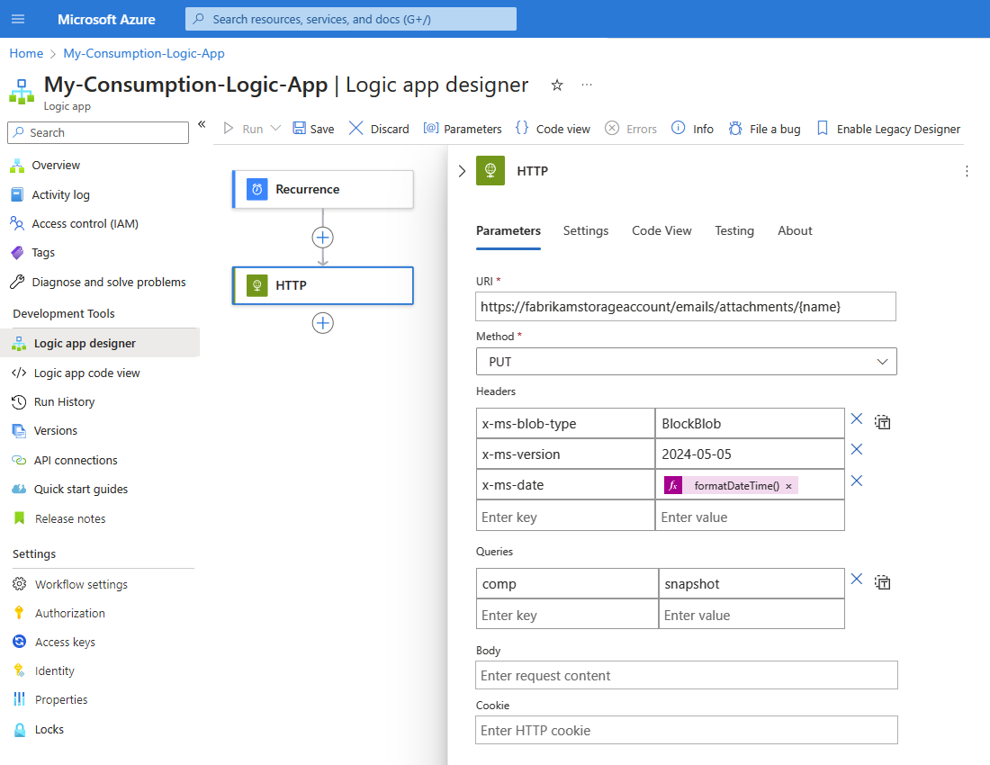 Screenshot shows Azure portal, Consumption workflow, and HTTP action set up to access resources.