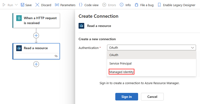 Screenshot shows Consumption workflow with Azure Resource Manager action and selected option for Managed Identity.