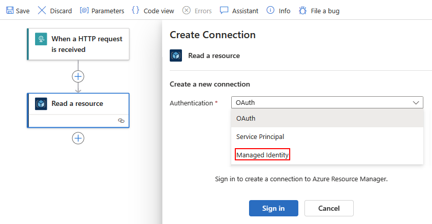 Screenshot shows Standard workflow, Azure Resource Manager action, opened Authentication list, and selected option for Managed Identity.