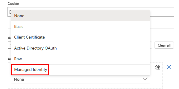 Screenshot shows Consumption workflow, HTTP action, and Authentication Type property with selected option for Managed Identity.