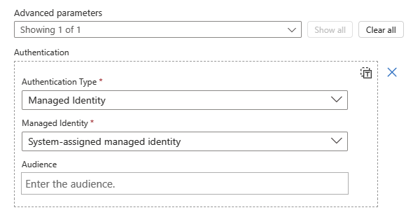Screenshot shows Authentication section with Authentication Type list and Audience property.