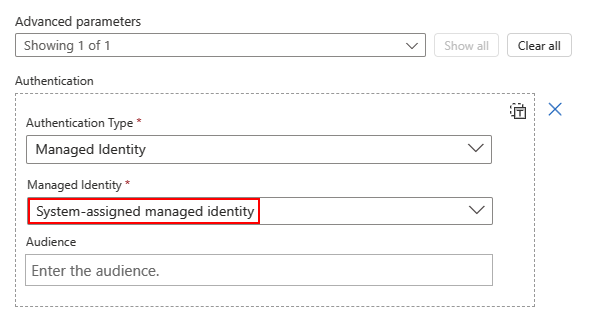 Screenshot shows Consumption workflow, HTTP action, and Managed Identity property with selected option for System-assigned managed identity.