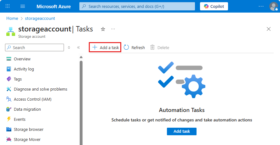 Screenshot shows the Tasks page with the Add a task option.