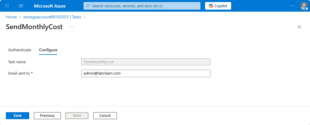 Screenshot that shows the Configure tab where you can edit the email address.