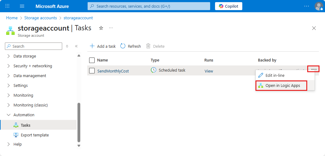 Screenshot shows the opened ellipses menu and the selected option, Open in Logic Apps.