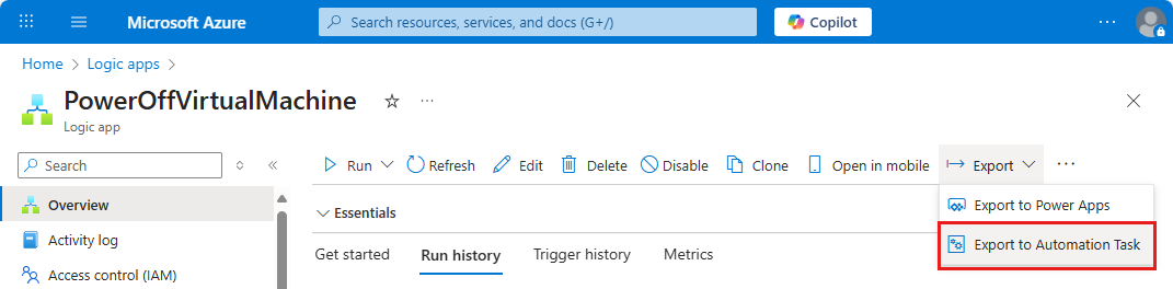 Screenshot shows the Overview toolbar with Export menu open and Export to Automation Task highlighted.