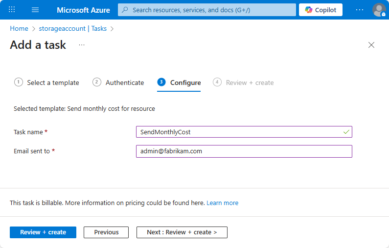 Screenshot shows the required information to configure the task.