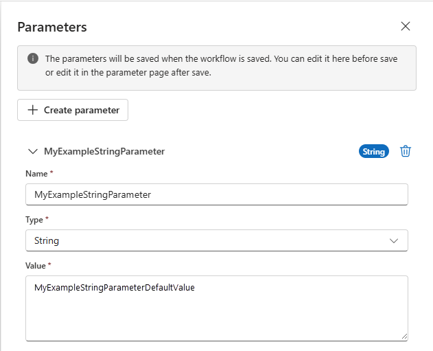Screenshot shows the Azure portal with the workflow designer and the Parameters pane with an example parameter definition.
