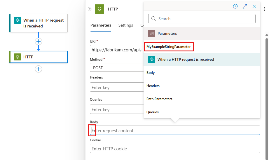 Screenshot shows created parameter in the dynamic content list.