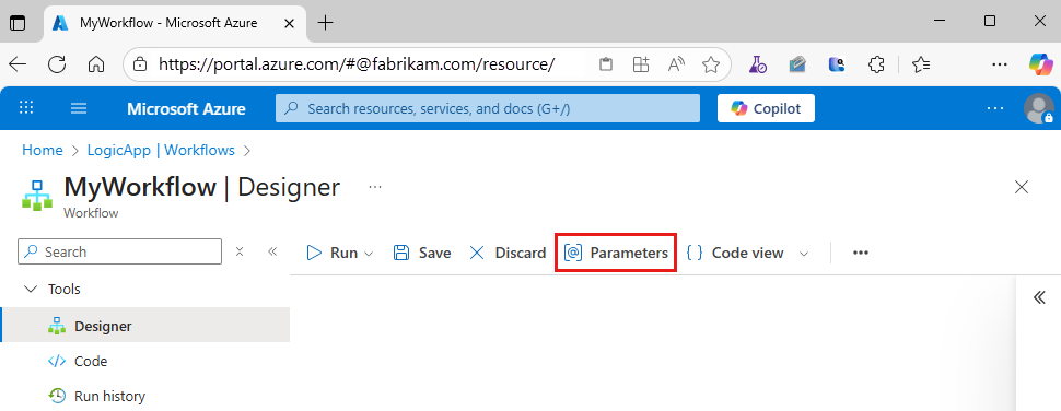 Screenshot shows the Azure portal with the workflow designer open and Parameters on designer toolbar highlighted.
