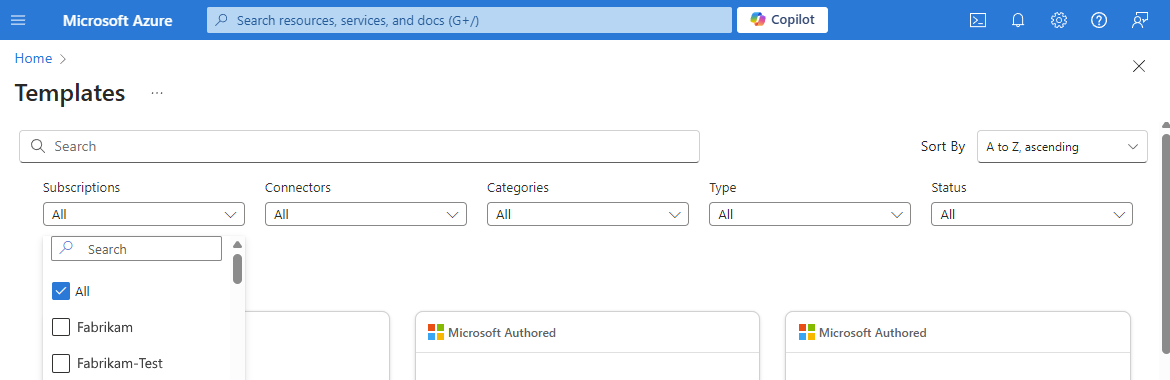 Screenshot shows Azure portal, templates gallery for Consumption workflow, and Subscriptions list filtered with example Azure subscriptions.