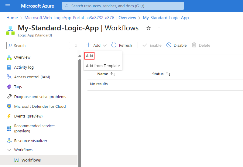 Screenshot shows logic app menu with Workflows selected. The toolbar shows selected option for Add.
