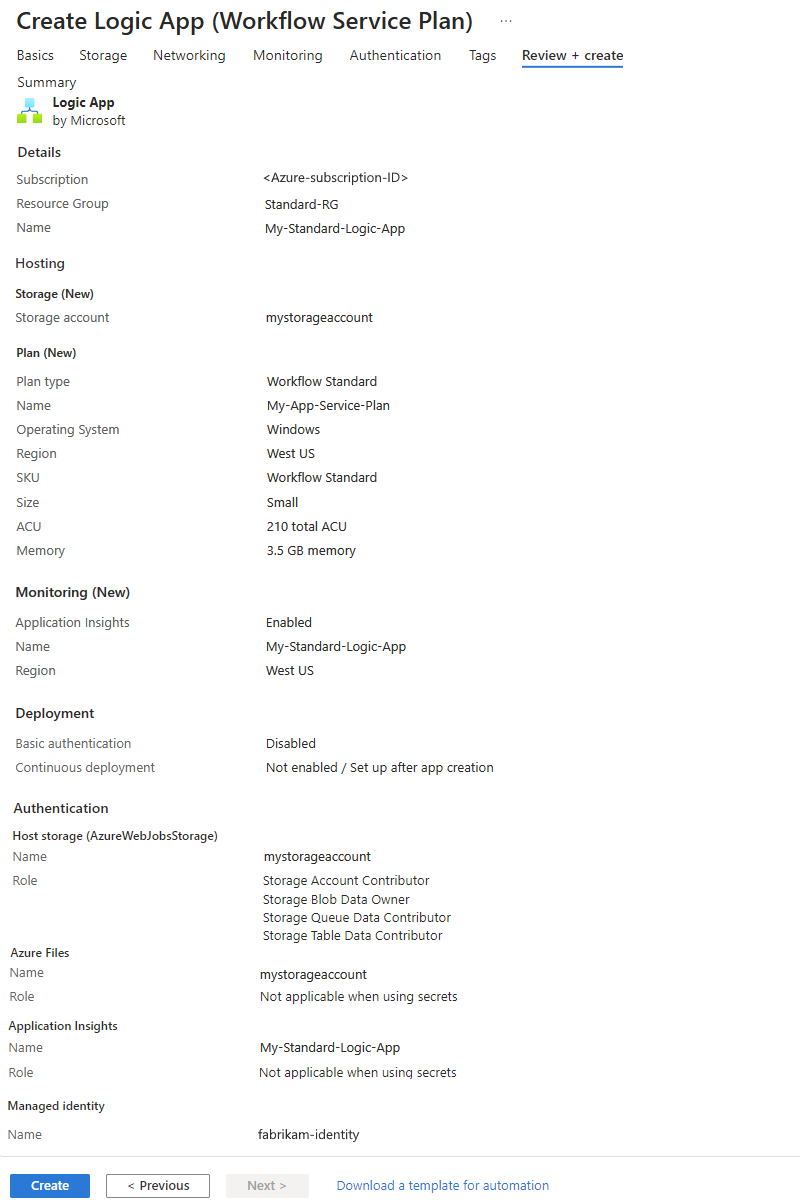 Screenshot shows Azure portal and new logic app resource settings.
