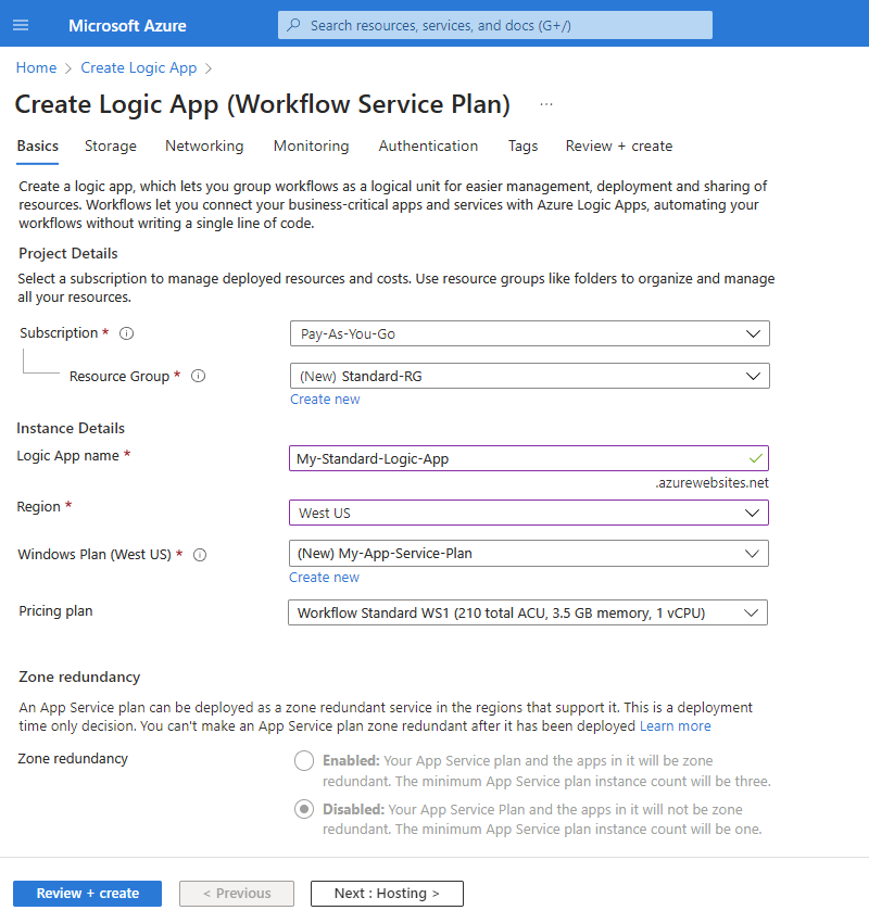 Screenshot shows Azure portal and page named Create Logic App Workflow Service Plan.