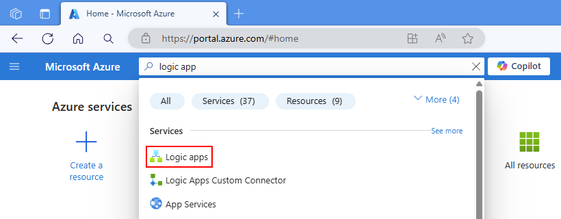Screenshot shows Azure portal search box with the words, logic app, and shows the selection, Logic apps.