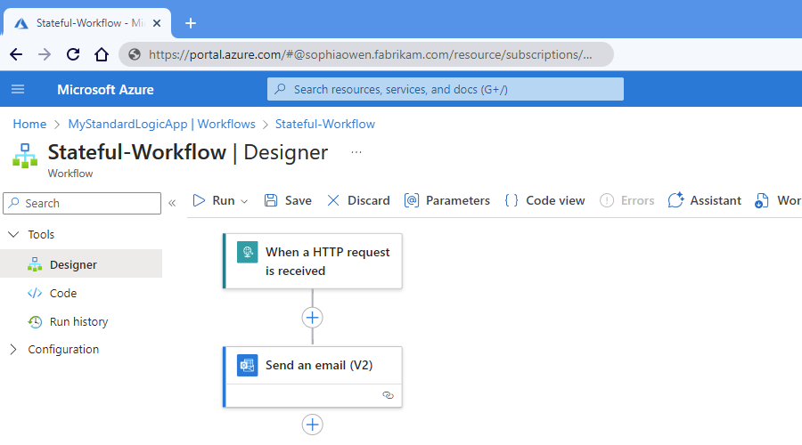 Screenshot shows Azure portal, example Standard workflow with Request trigger and Office 365 Outlook action.