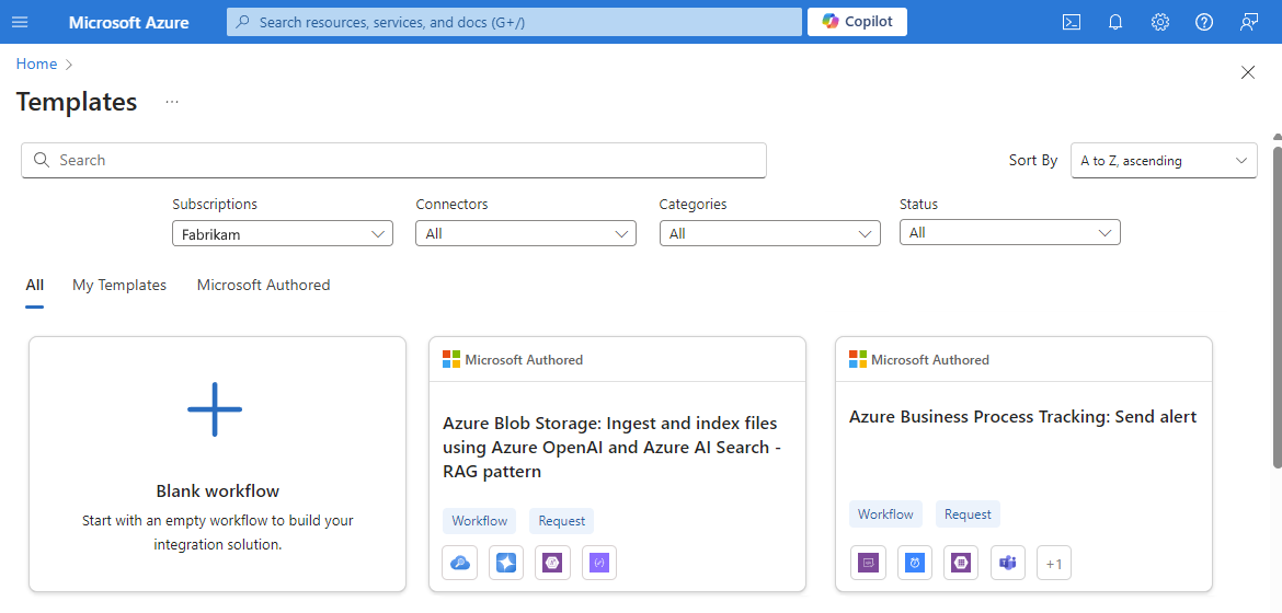 Screenshot shows Azure portal and workflow templates gallery for Standard workflows.
