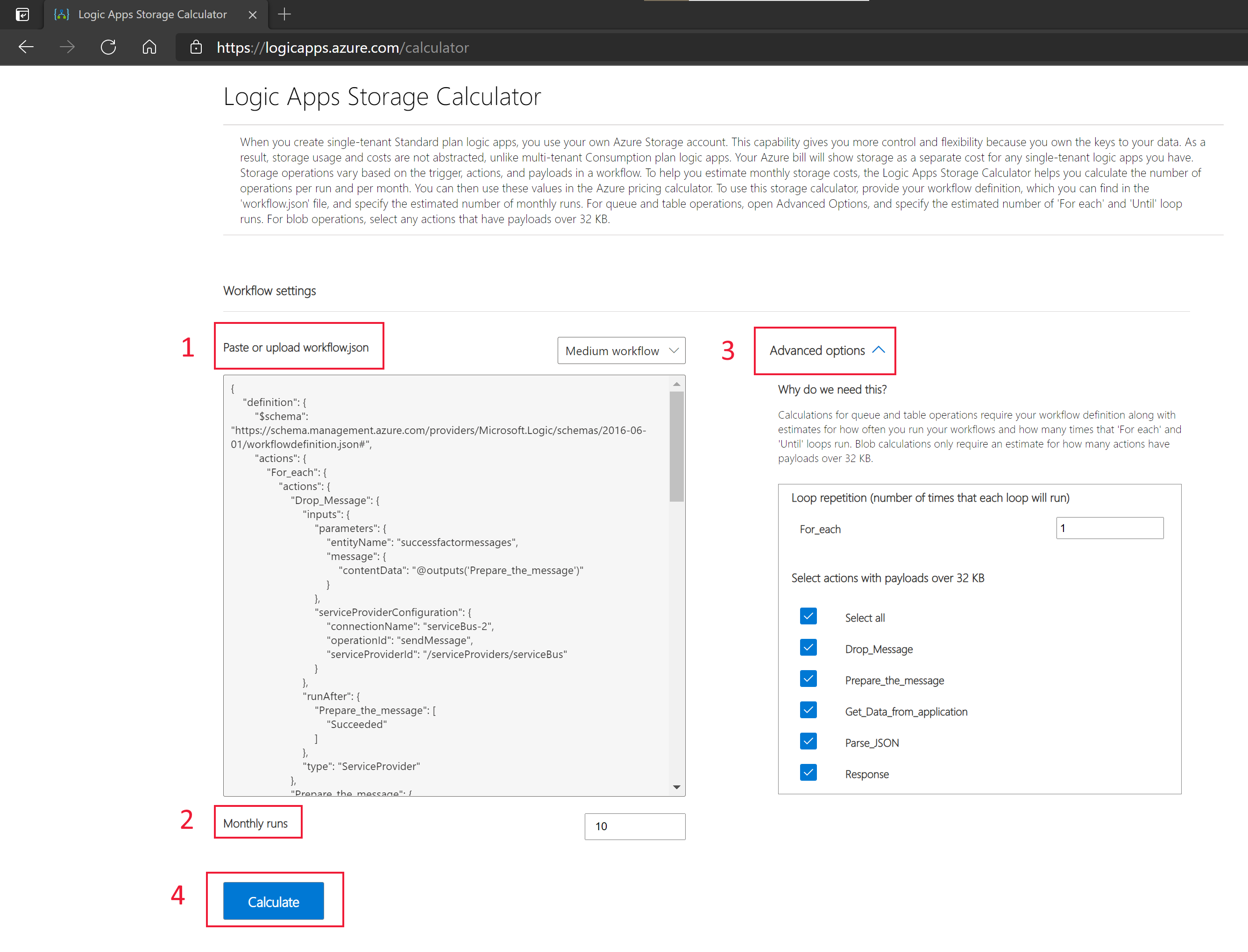 Screenshot of Logic Apps storage calculator, showing input interface.