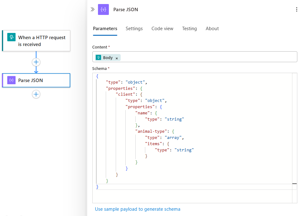 Screenshot shows a Parse JSON action with schema generated from a sample.