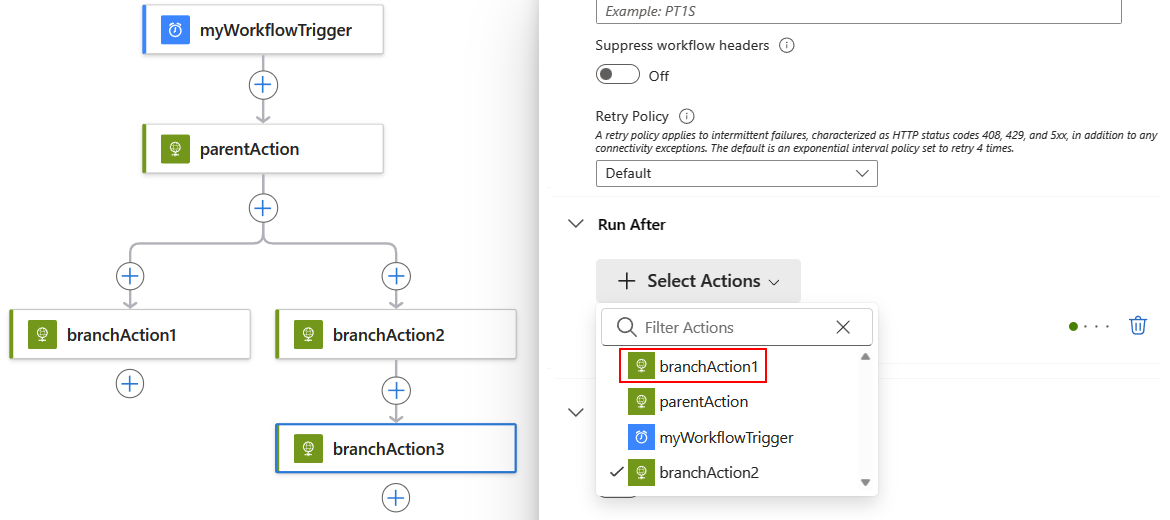 Screenshot shows a workflow, the action that joins preceding parallel branches, and selected actions to first finish running.