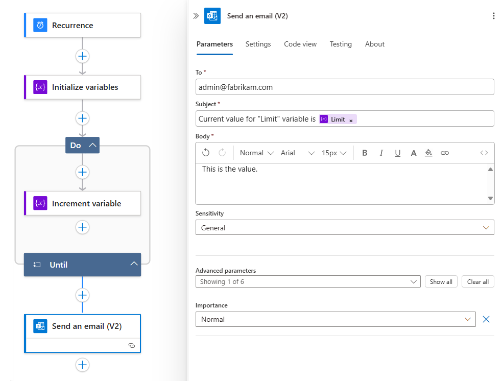Screenshot shows a workflow and action named Send an email with property values.