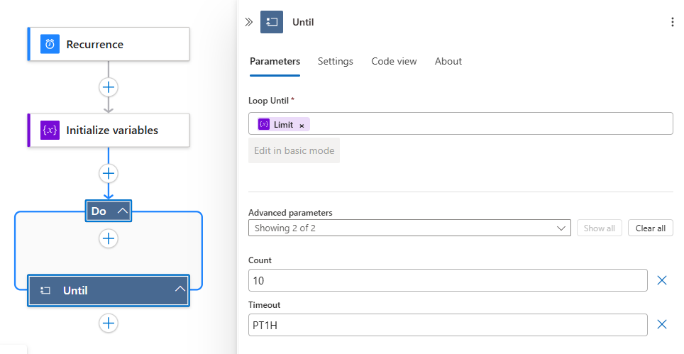 Screenshot shows a workflow and built-in action named Until with the values described.