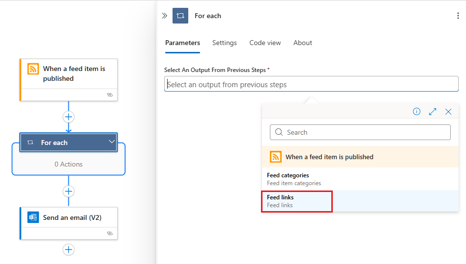 Screenshot shows the Azure portal and workflow designer with an action named For each and the open dynamic content list.
