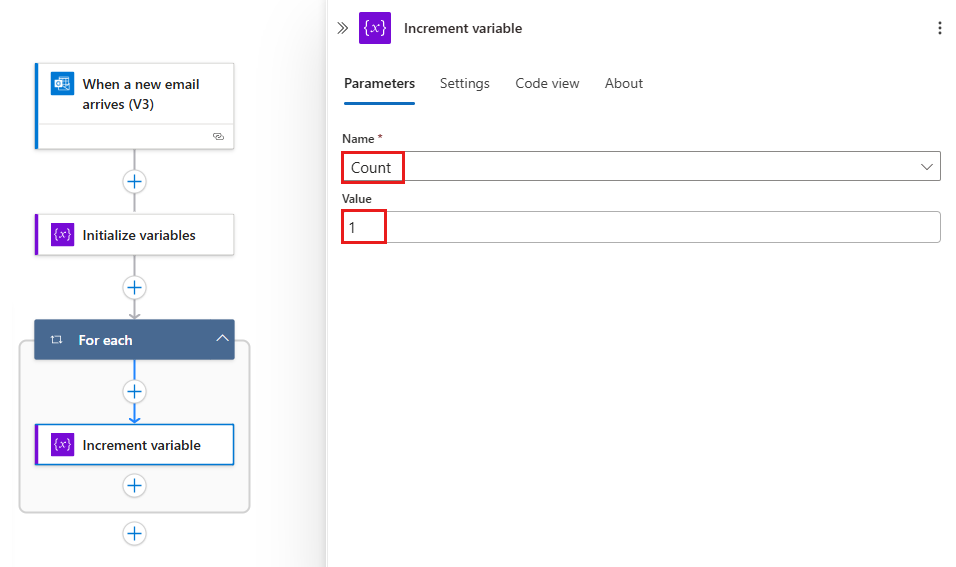 Screenshot Azure portal and logic app workflow with a selected variable named Count.