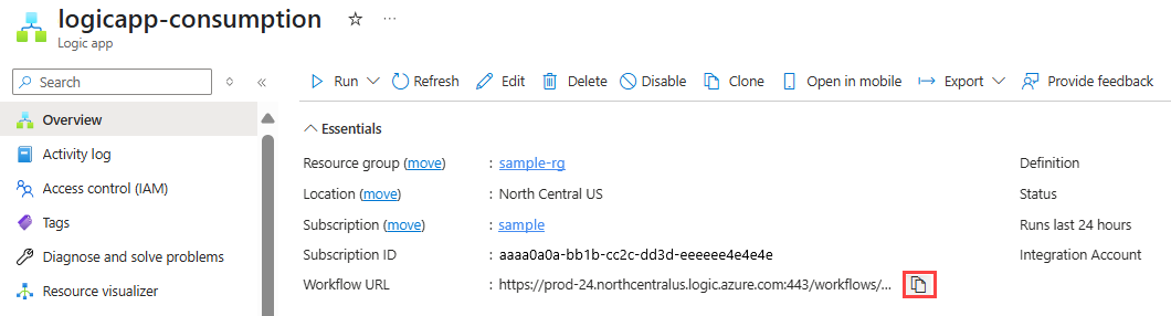 Screenshot shows Consumption logic app Overview page with workflow URL.