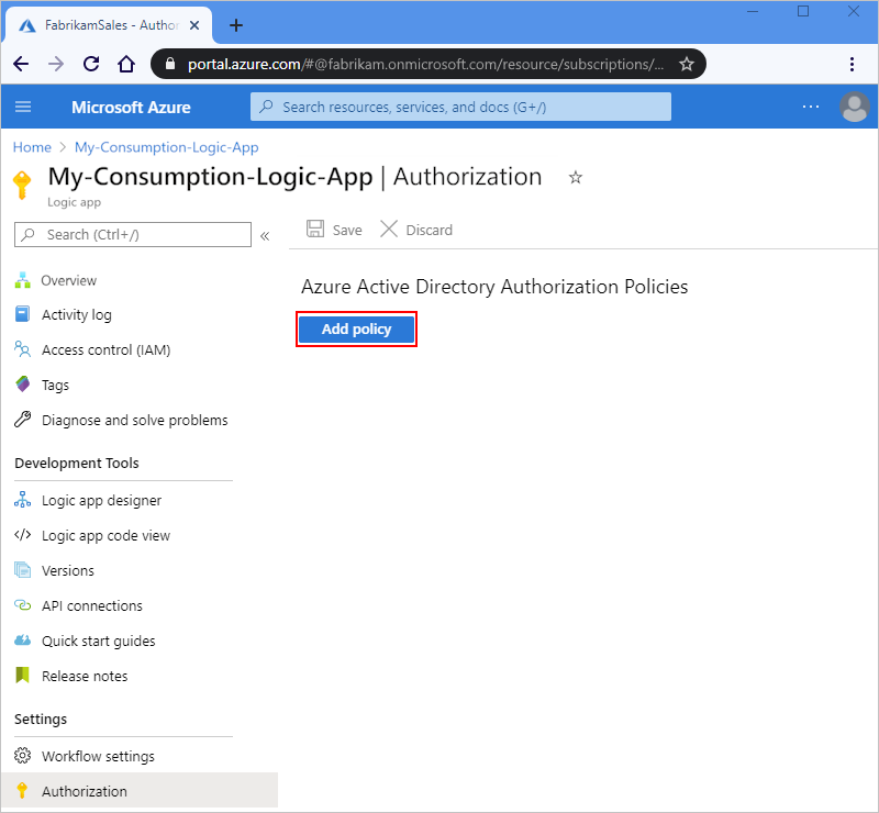 Screenshot shows Azure portal, Authorization page, and selected button to add policy.