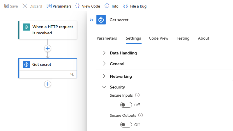 Screenshot shows Azure portal, workflow designer, and trigger or action with opened settings.