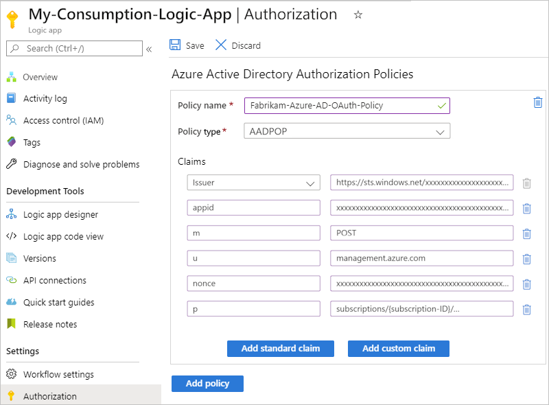 Screenshot shows Azure portal, Authorization page, and proof-of-possession policy information.
