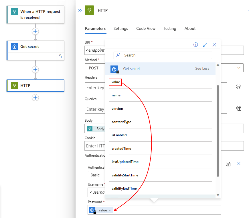 Screenshot shows workflow with a subsequent action's dynamic content list open, and the previous action's token for secured output with lock icon.