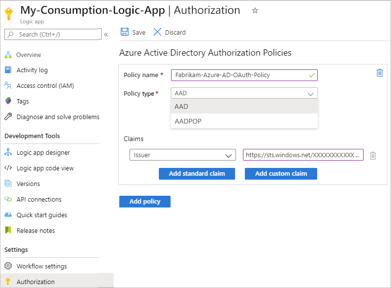 Screenshot shows Azure portal, Authorization page, and authorization policy details.