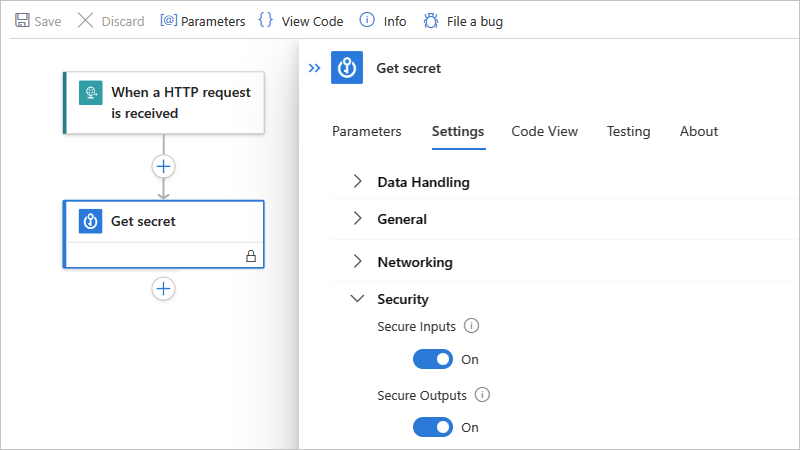 Screenshot shows workflow with an action's Secure Inputs or Secure Outputs settings enabled.