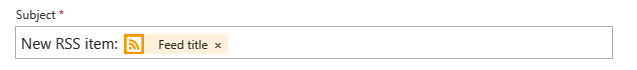 Screenshot shows the action named Send an email, with example email subject and included property named Feed title.