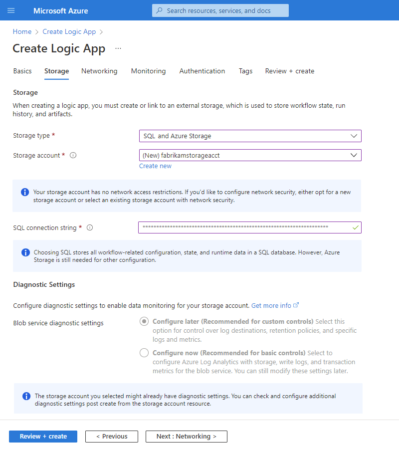 Screenshot shows Azure portal and Create Logic App page with the Storage tab.