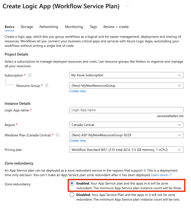 Screenshot shows Azure portal, Create Logic App page, Standard logic app details, and the Enabled option selected under Zone redundancy.