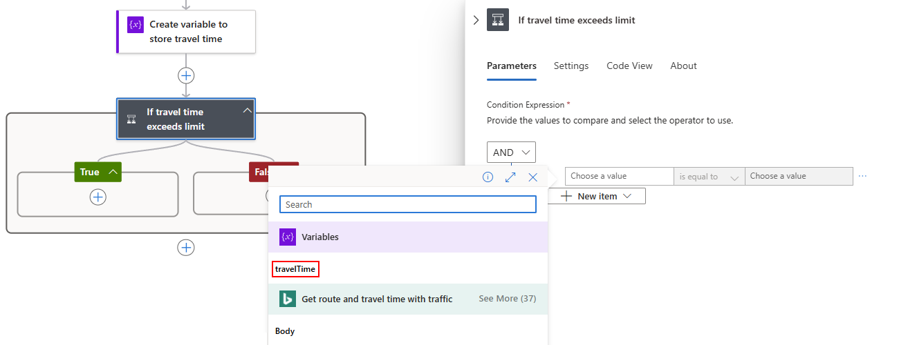Screenshot shows left box named Choose a value, opened dynamic content list, and travelTime output selected.
