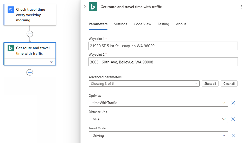 Screenshot shows completed action named Get route.